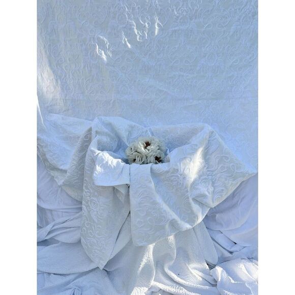 Locama QUEEN Cream & White Bed Coverlet MATELASSE Fleur De Lis Damask Portugal